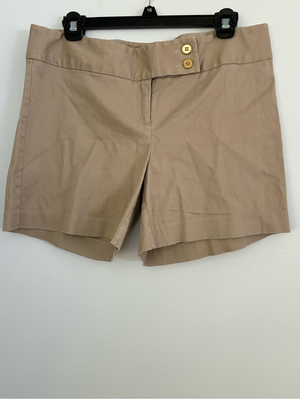 Boston Proper Tailored Khaki Shorts Size 12 Wide Waistband Gold Button Accents